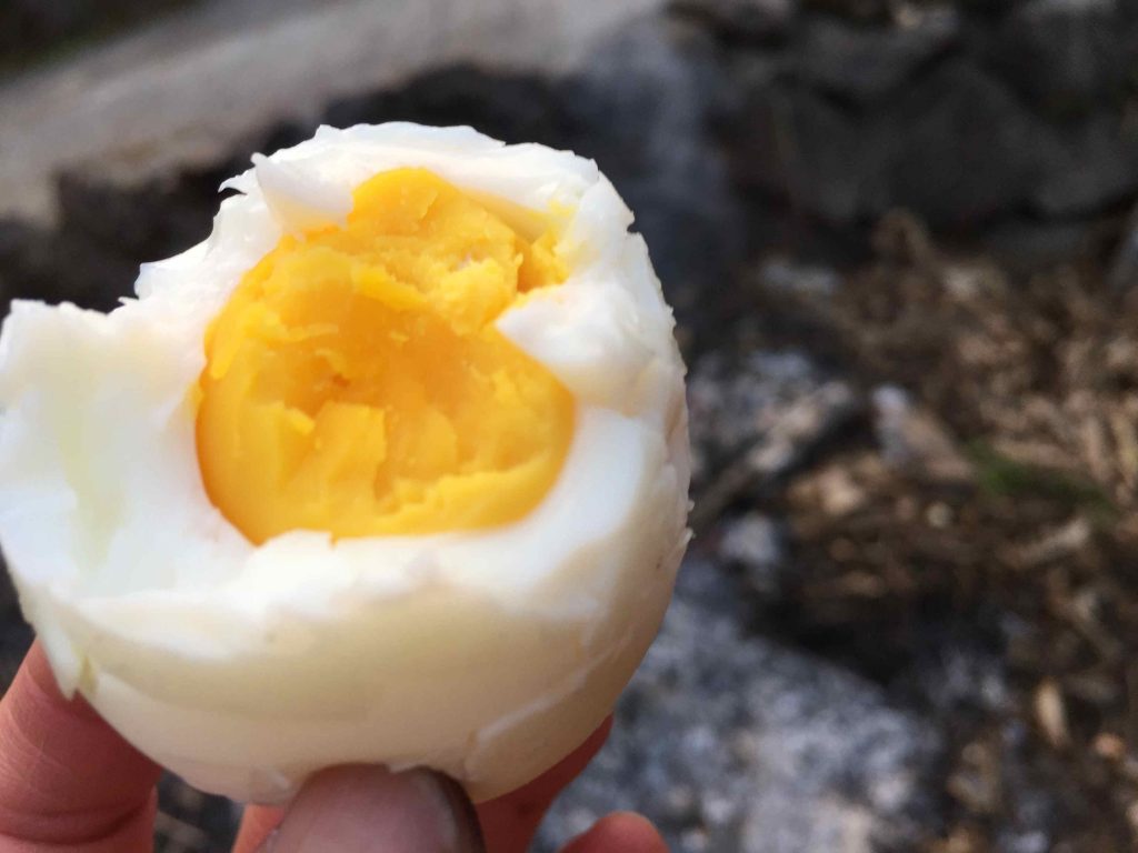 濡れ新聞紙に卵を包んでたき火の中へ。初めて食べる蒸し卵は絶品！